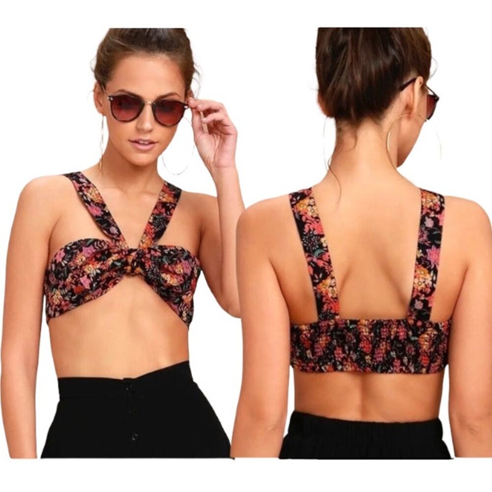 Free People Cropped Front Tie Neon Field Bandeau Black Floral Top Size Medium